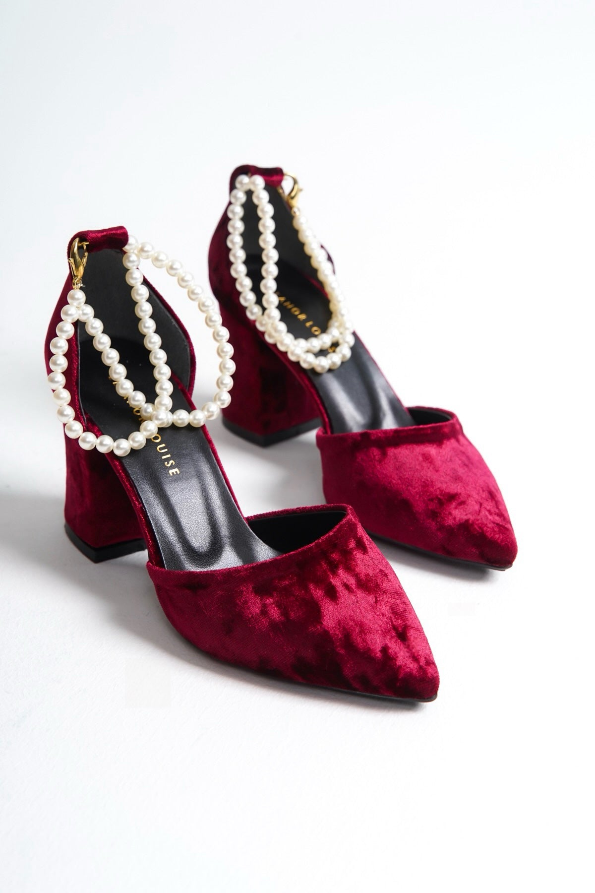 Senga | Burgundy Velvet High Heels with Pearls