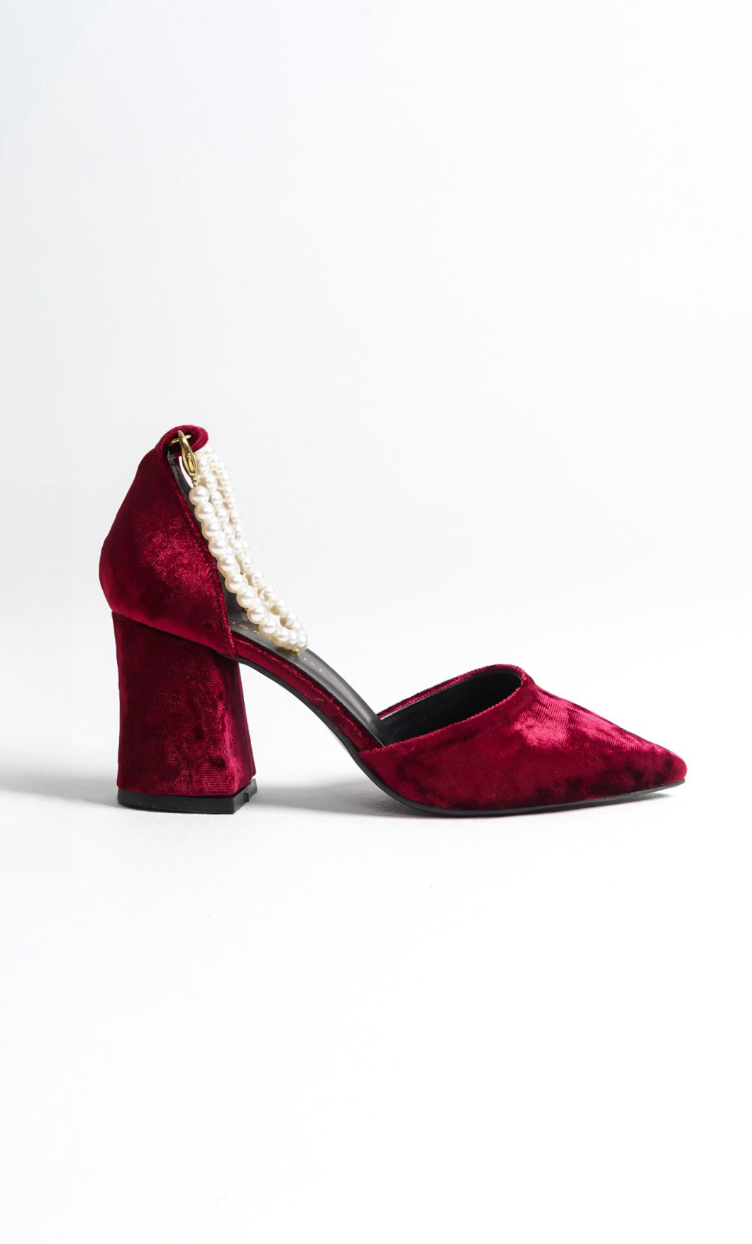 Senga | Burgundy Velvet High Heels with Pearls