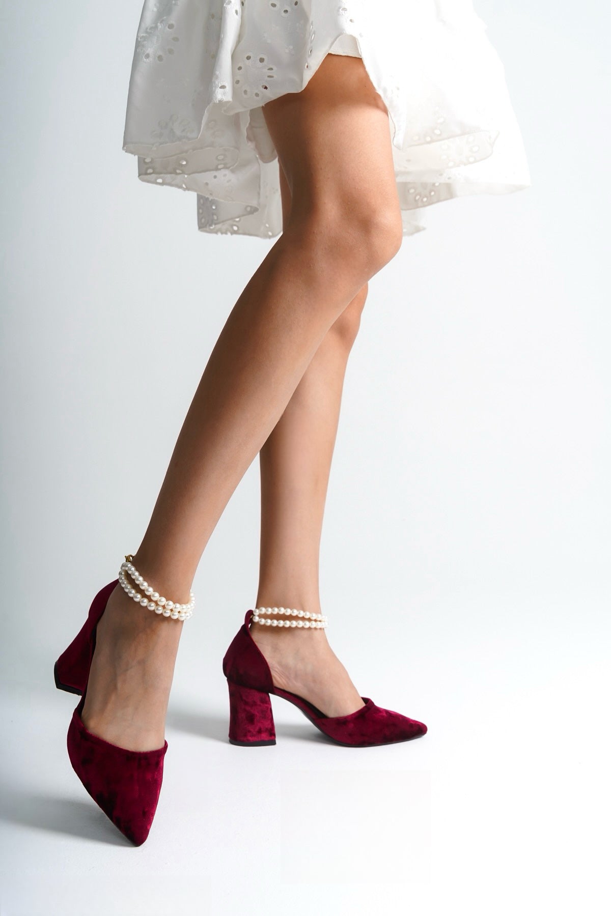 Senga | Burgundy Velvet High Heels with Pearls