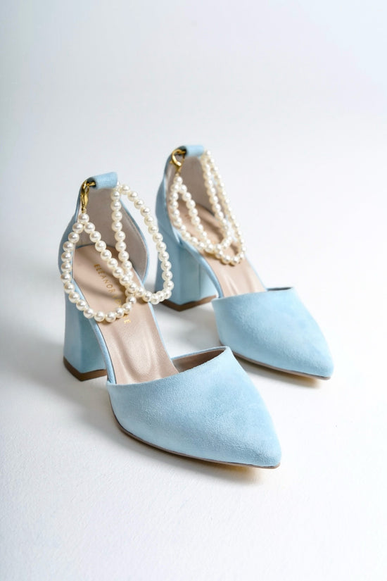 Mariposa | Baby Blue Suede High Heels with Pearls