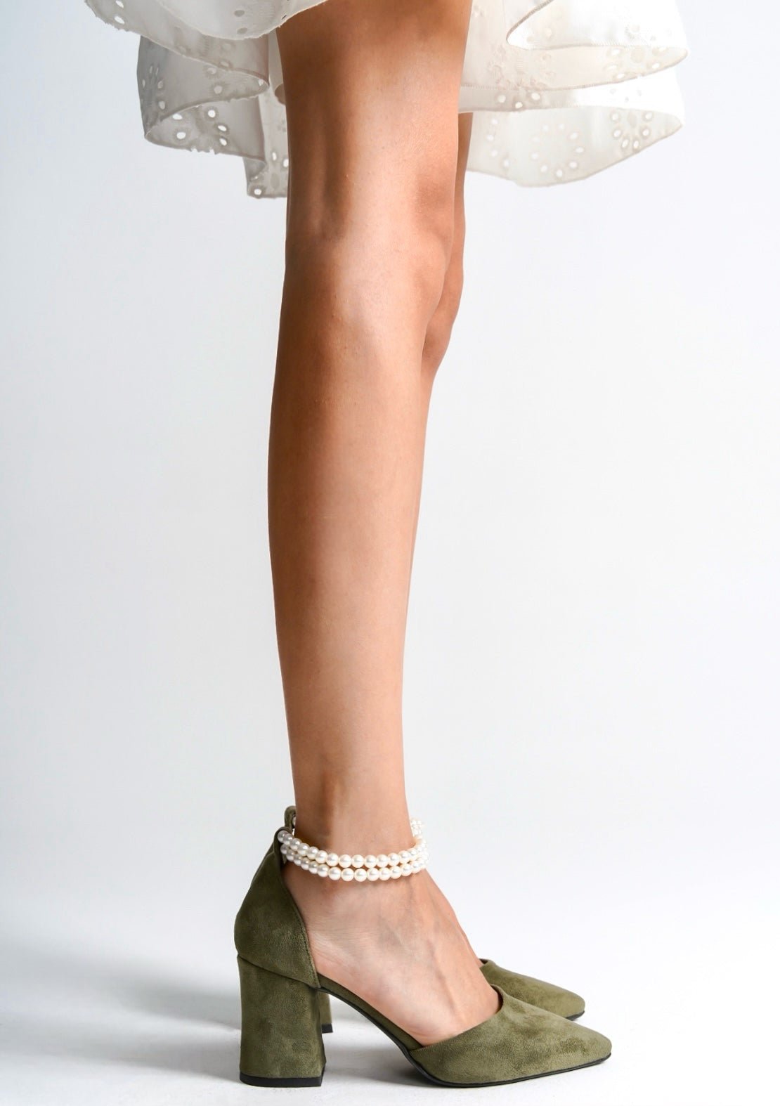 Sage | Sage Green Suede High Heels with Pearls