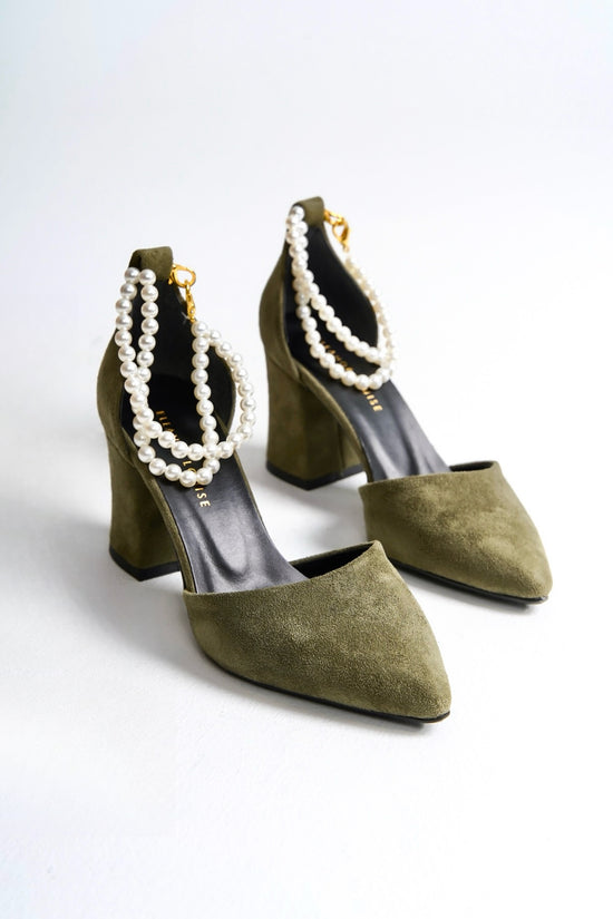 Sage | Sage Green Suede High Heels with Pearls