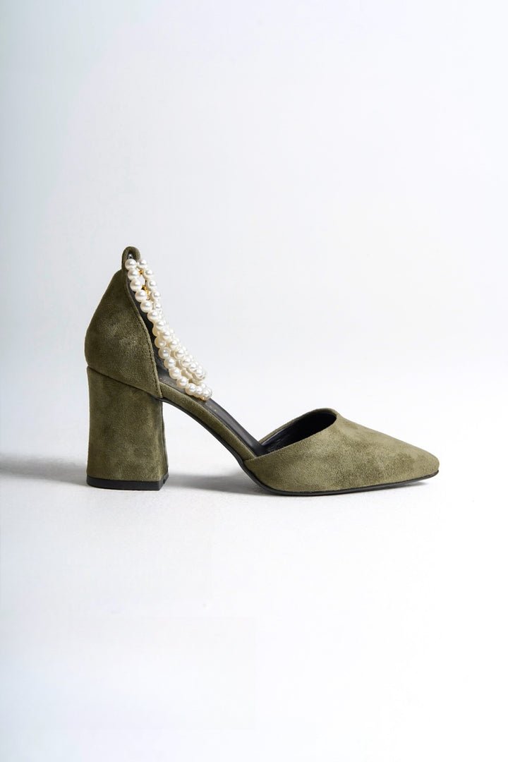 Sage | Sage Green Suede High Heels with Pearls