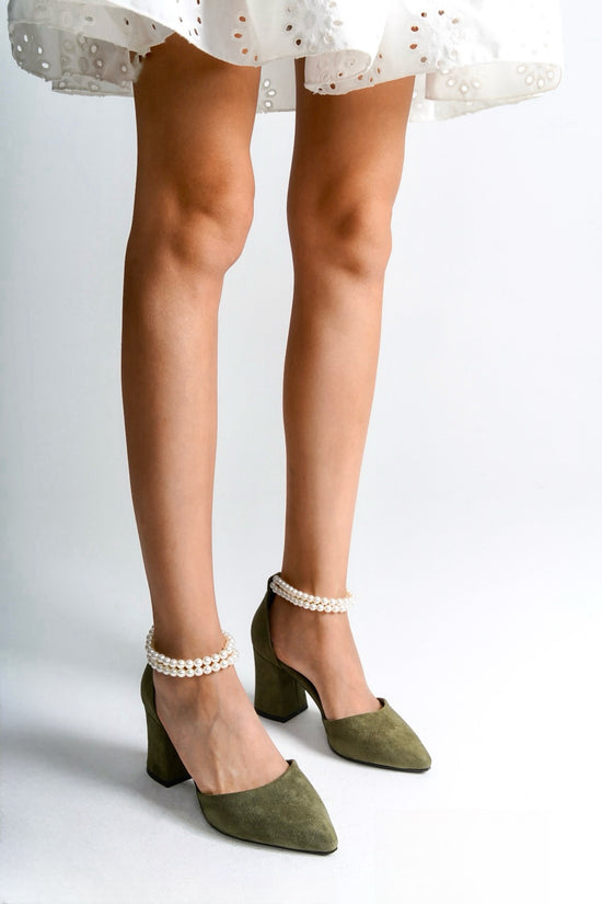 Sage | Sage Green Suede High Heels with Pearls