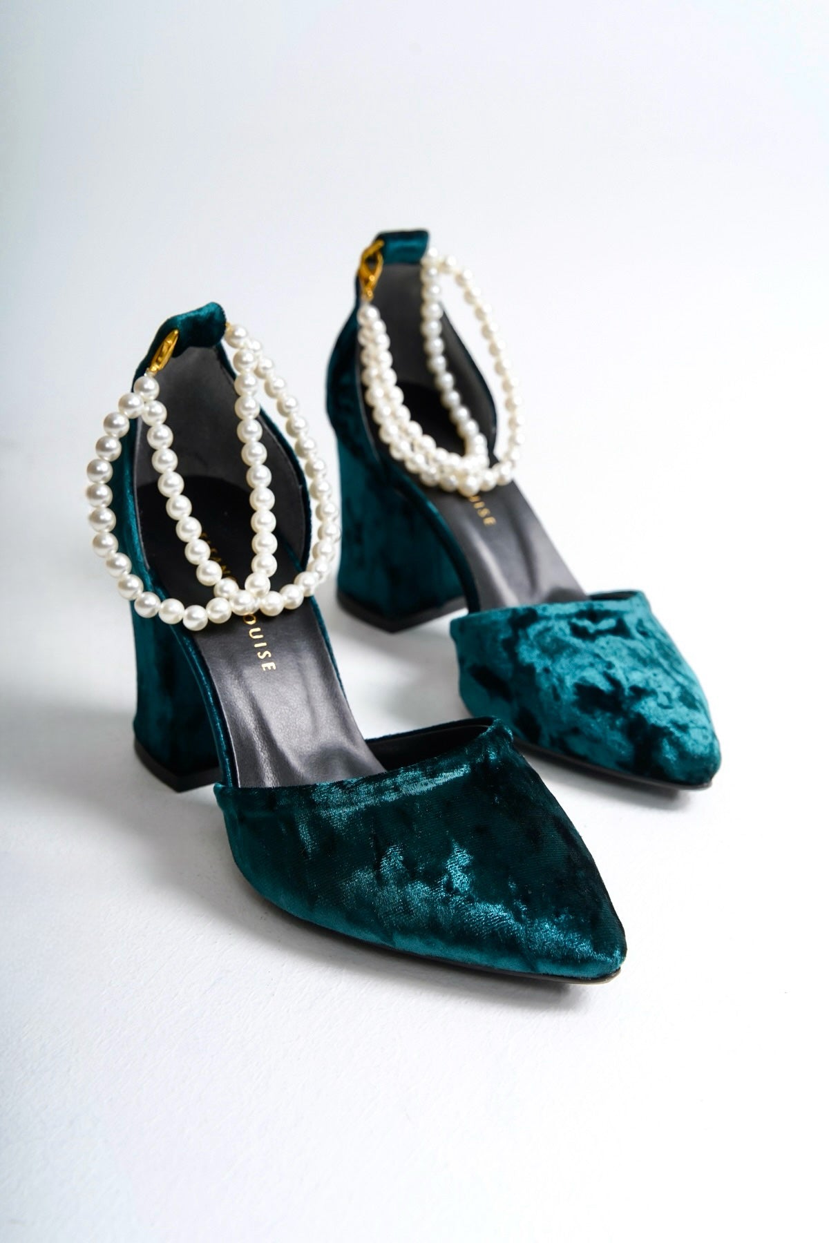 Hilaria | Emerald Green Velvet High Heels with Pearls