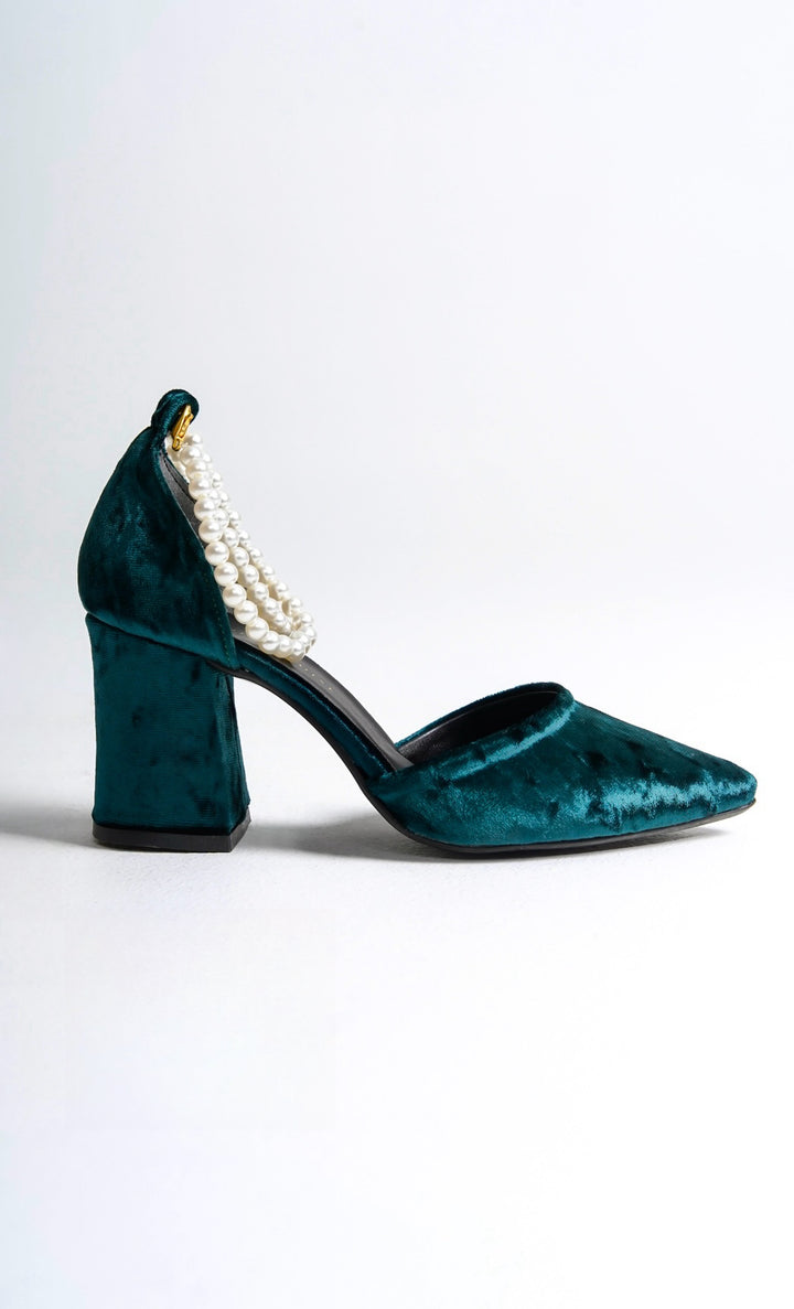 Hilaria | Emerald Green Velvet High Heels with Pearls