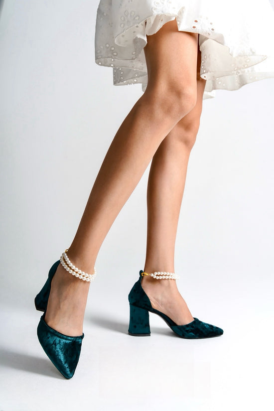 Hilaria | Emerald Green Velvet High Heels with Pearls