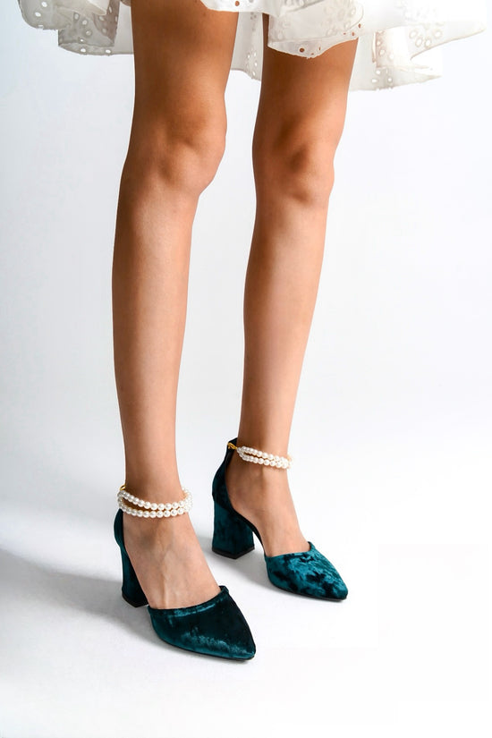 Hilaria | Emerald Green Velvet High Heels with Pearls