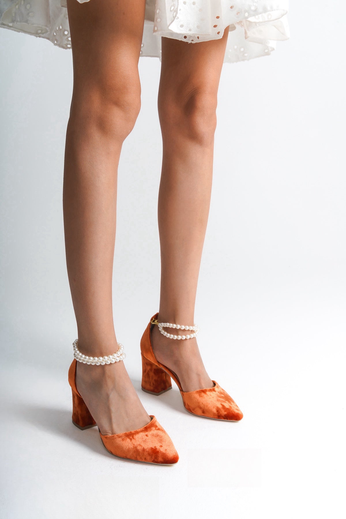 Pearl Olivia | Orange Velvet High Heels with Pearls