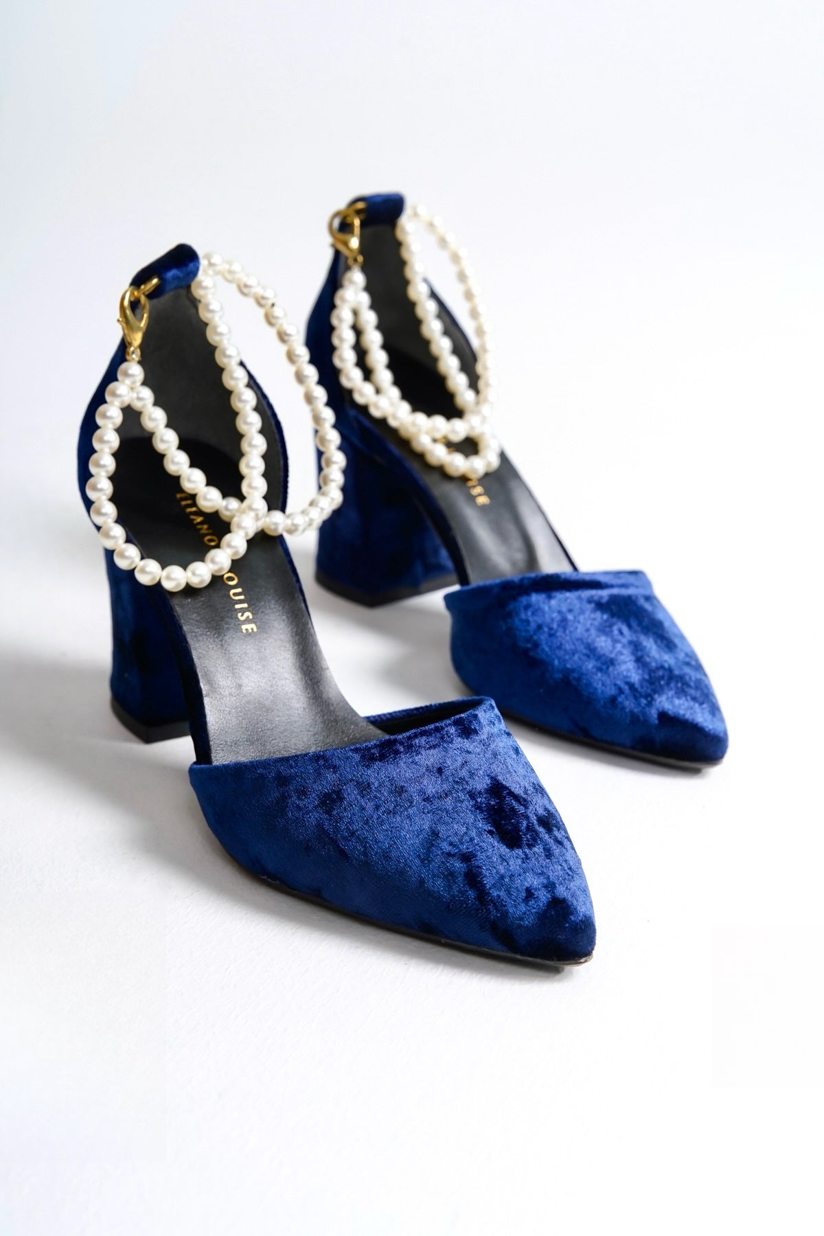 Callidora | Navy Velvet High Heels with Pearls