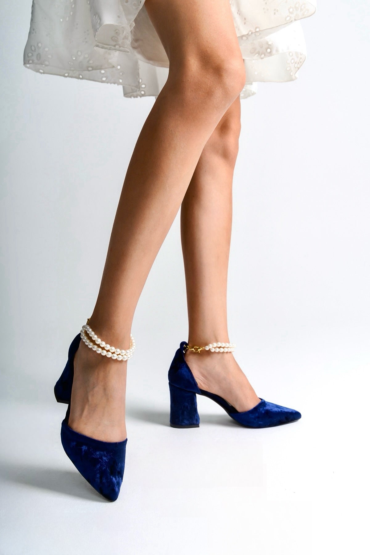 Callidora | Navy Velvet High Heels with Pearls