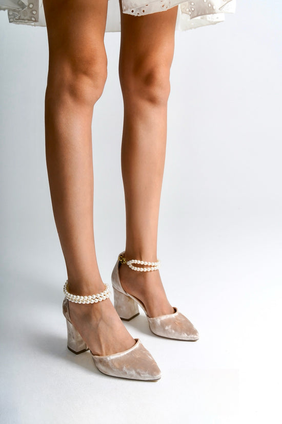 Pearl Loretta | Beige Velvet High Heels with Pearls