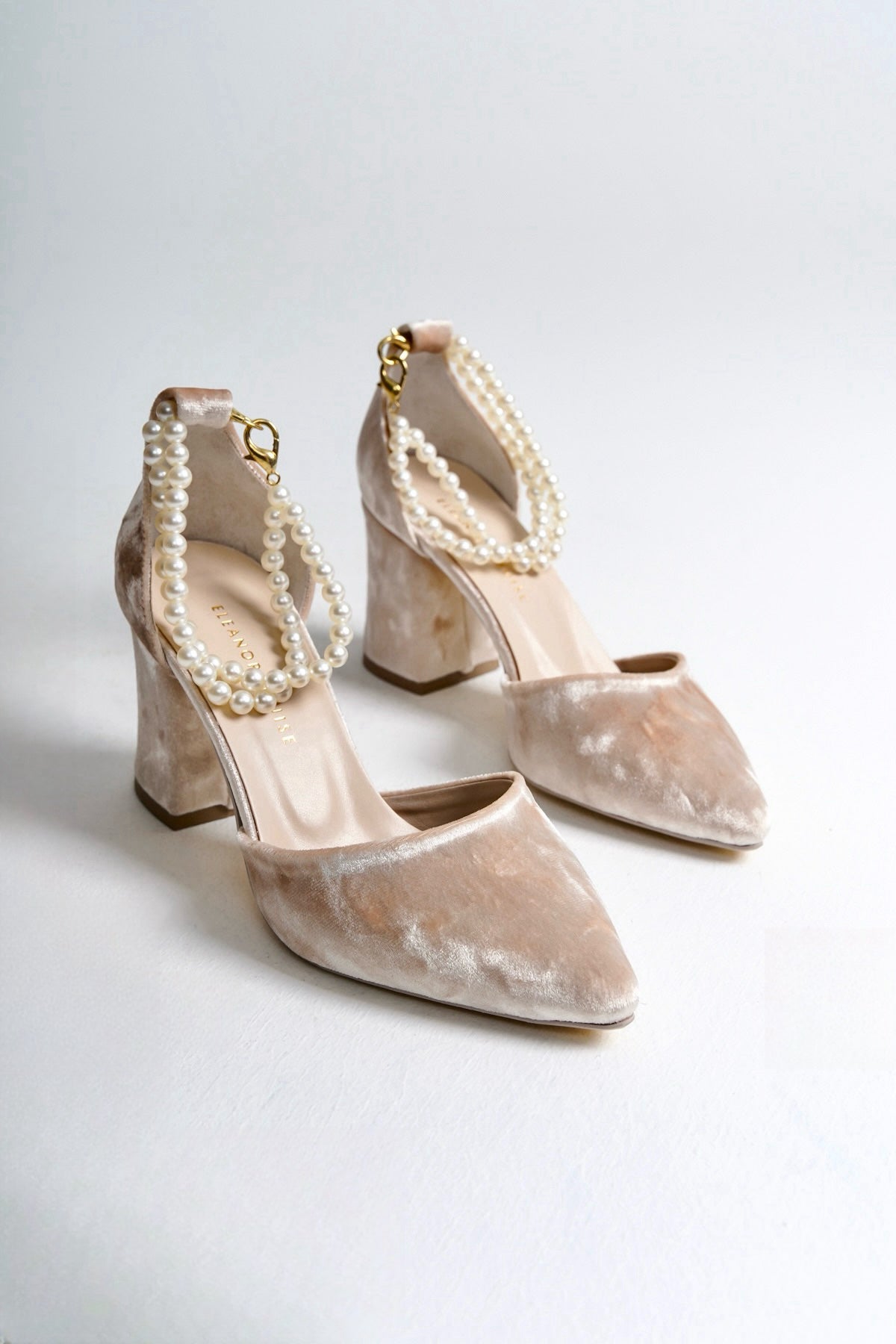 Pearl Loretta | Beige Velvet High Heels with Pearls