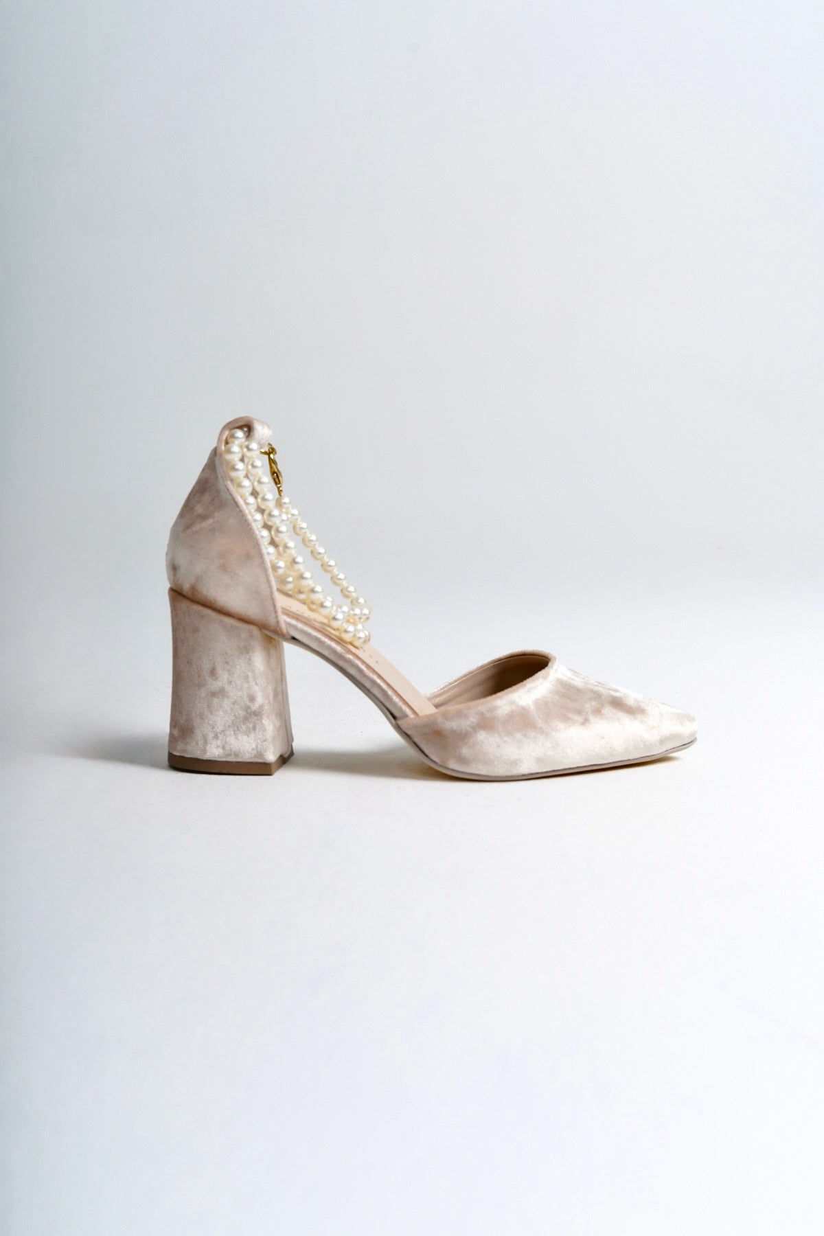 Pearl Loretta | Beige Velvet High Heels with Pearls