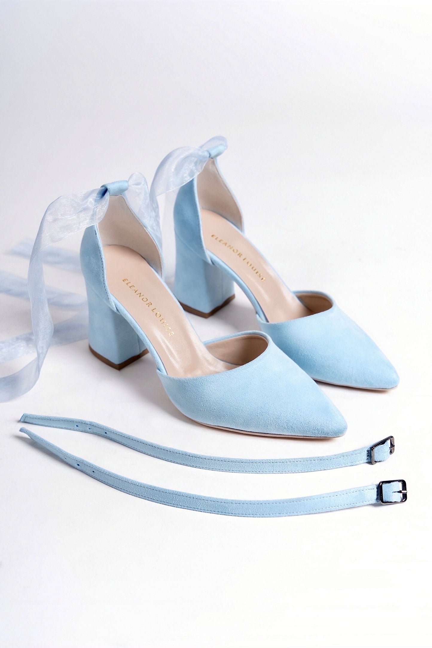 Quintessa | Baby Blue Suede High Heels with Tulle Ribbon