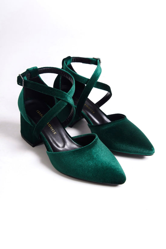 Lorn | Emerald Green Velvet Criss Cross Mid Heels