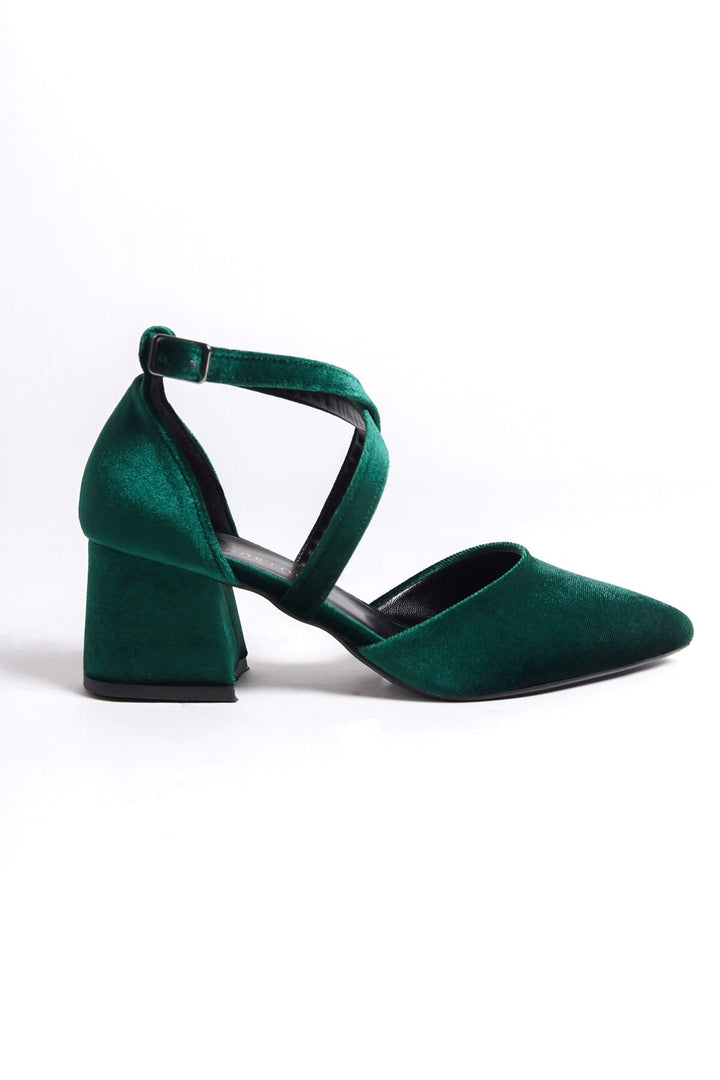 Lorn | Emerald Green Velvet Criss Cross Mid Heels