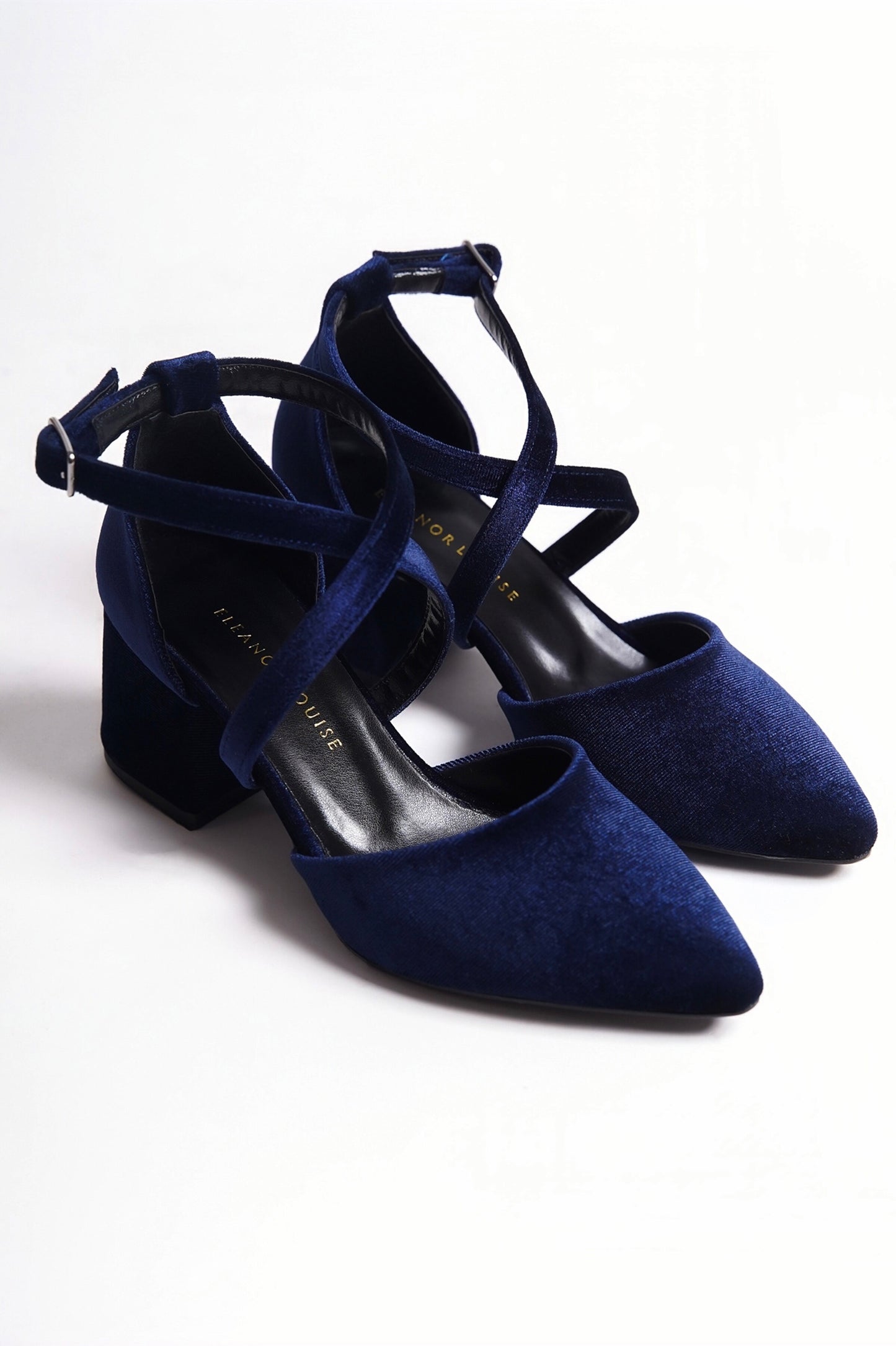 Philomela | Navy Velvet Criss Cross Mid Heels