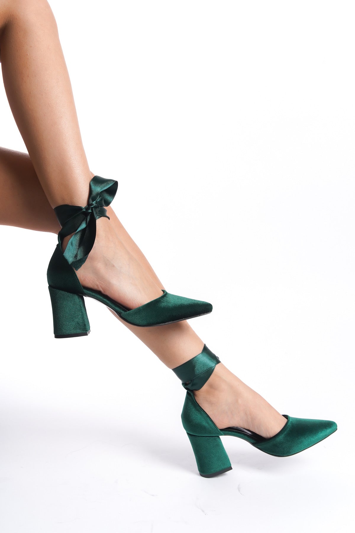 Milena | Emerald Green High Heels with Ribbon