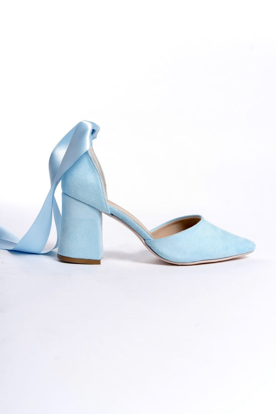 Märta | Baby Blue Suede High Heels with Ribbon