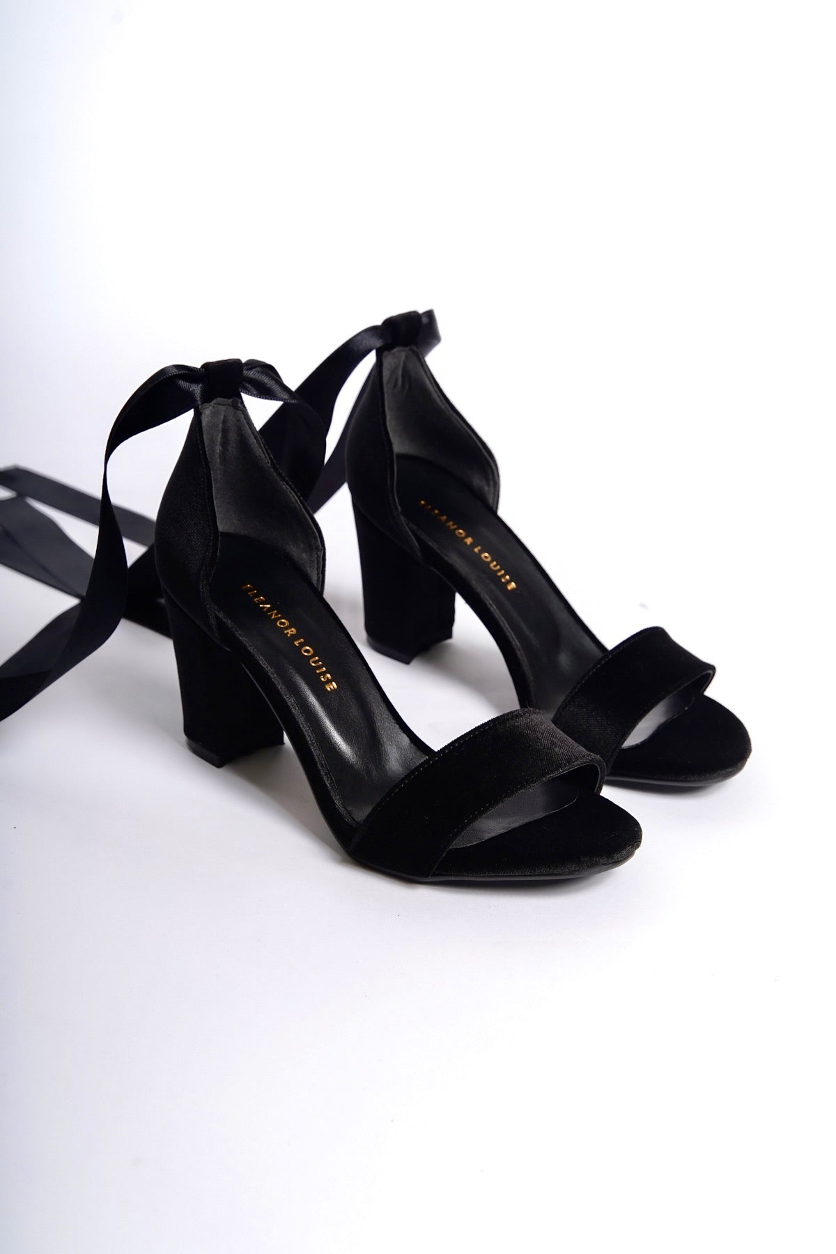 Saga | Black Velvet High Heel Sandals with Ribbon