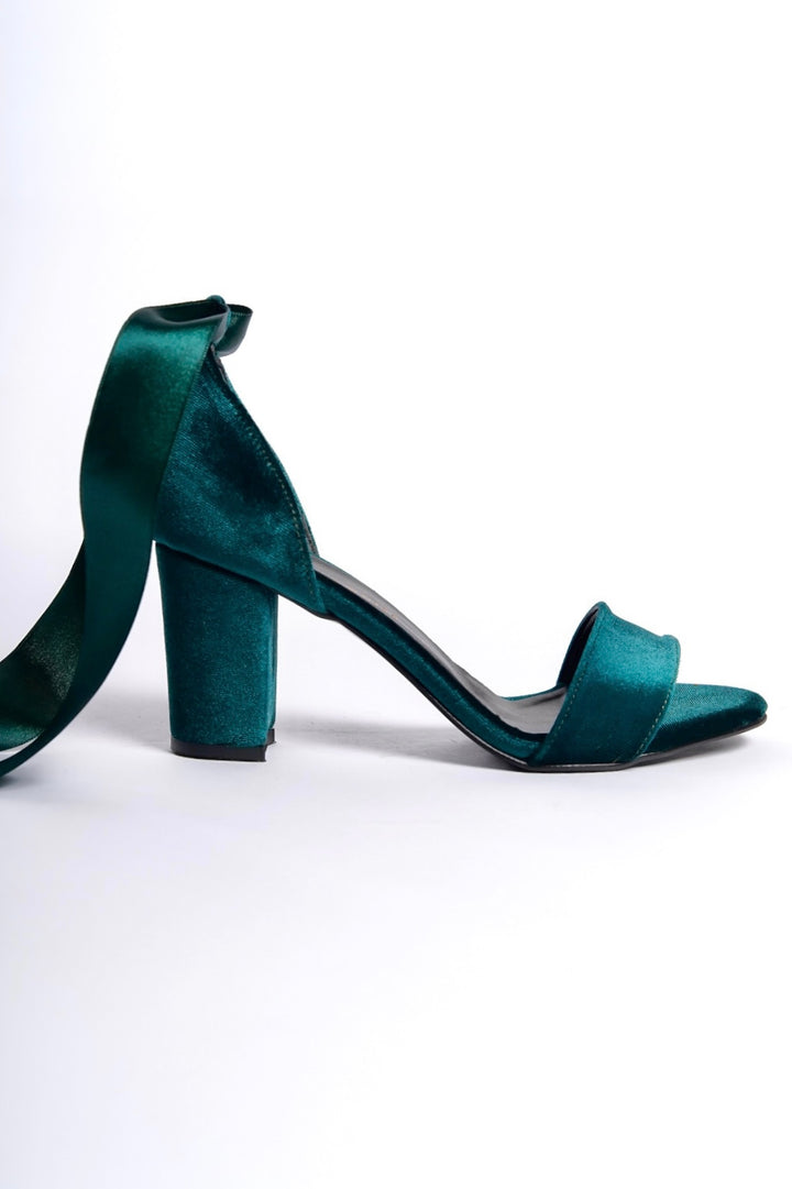 Thora | Emerald Green High Heel Sandals with Ribbon