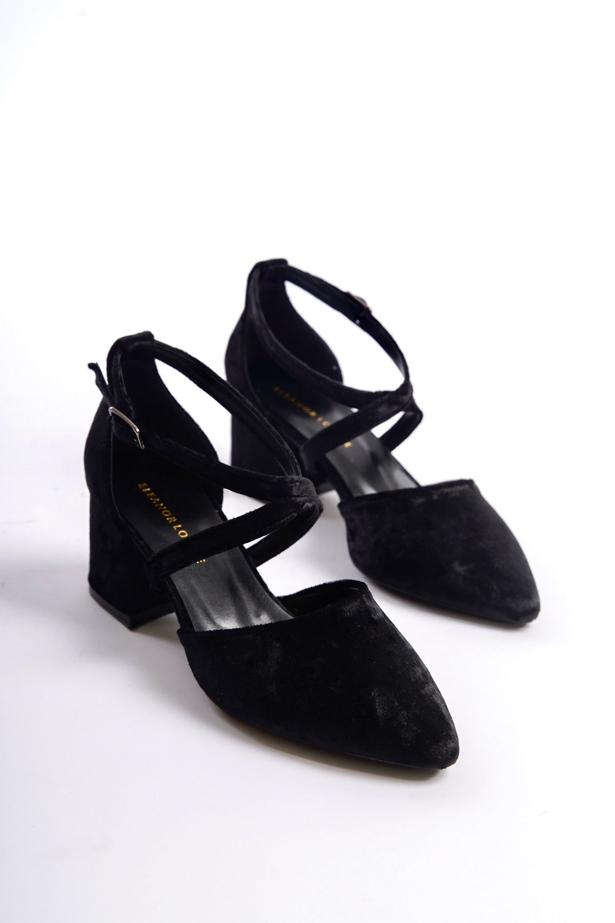 Rhea | Black Velvet Criss Cross Mid Heels