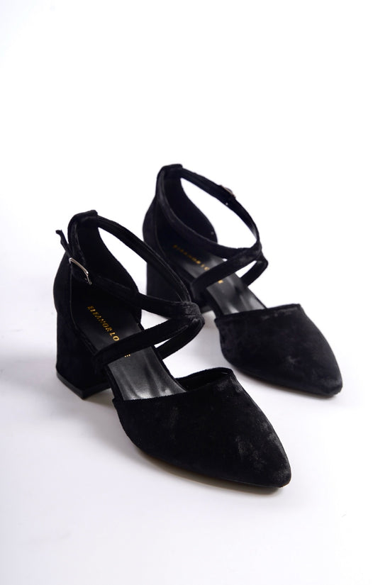 Rhea | Black Velvet Criss Cross Mid Heels
