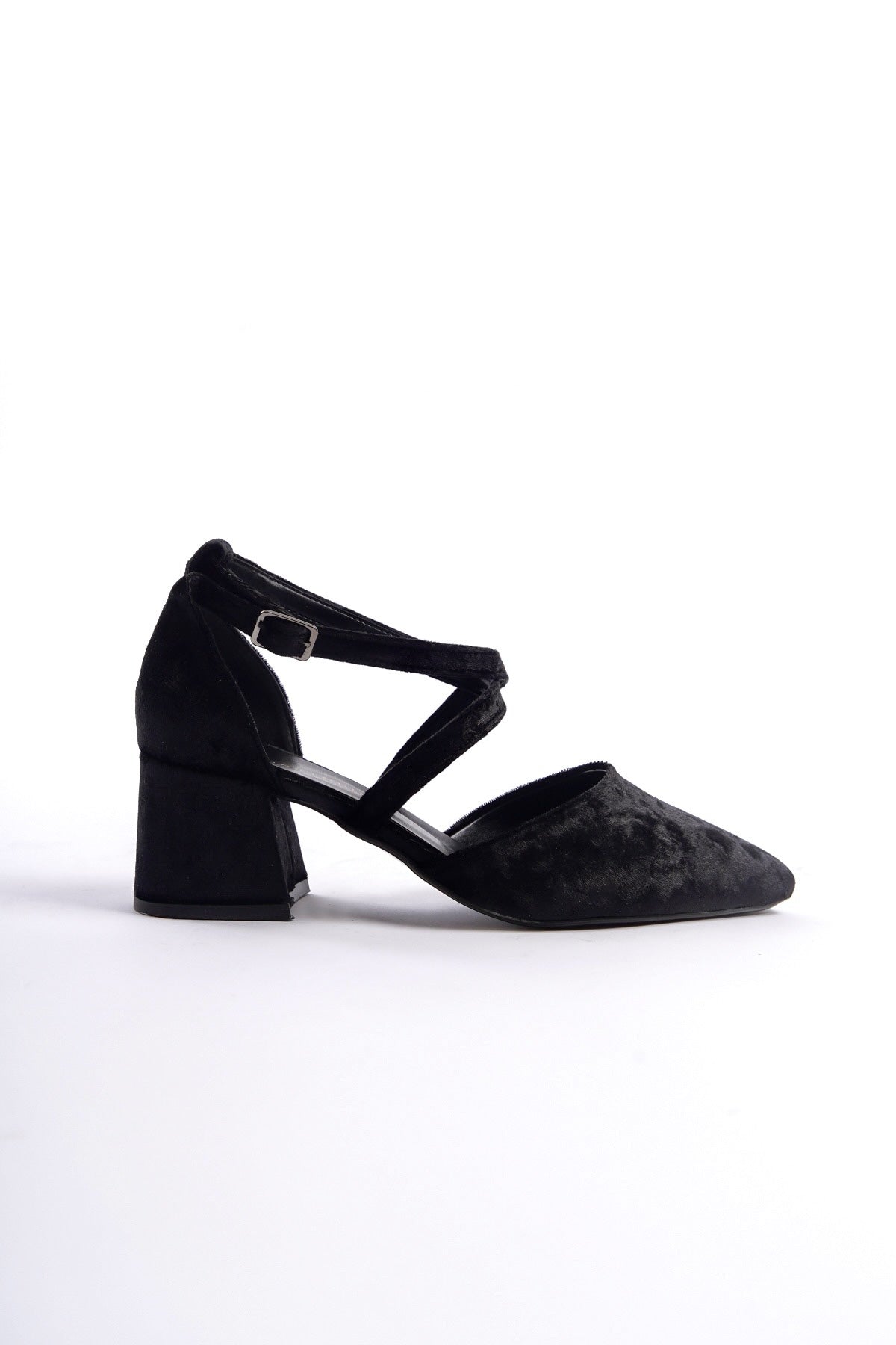 Rhea | Black Velvet Criss Cross Mid Heels