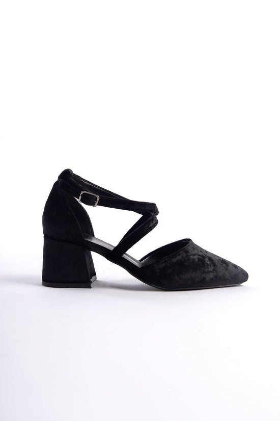 Rhea | Black Velvet Criss Cross Mid Heels