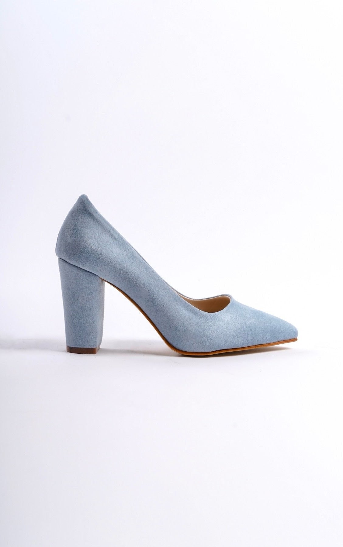 Evadne | Baby Blue Suede Block Heel Pumps