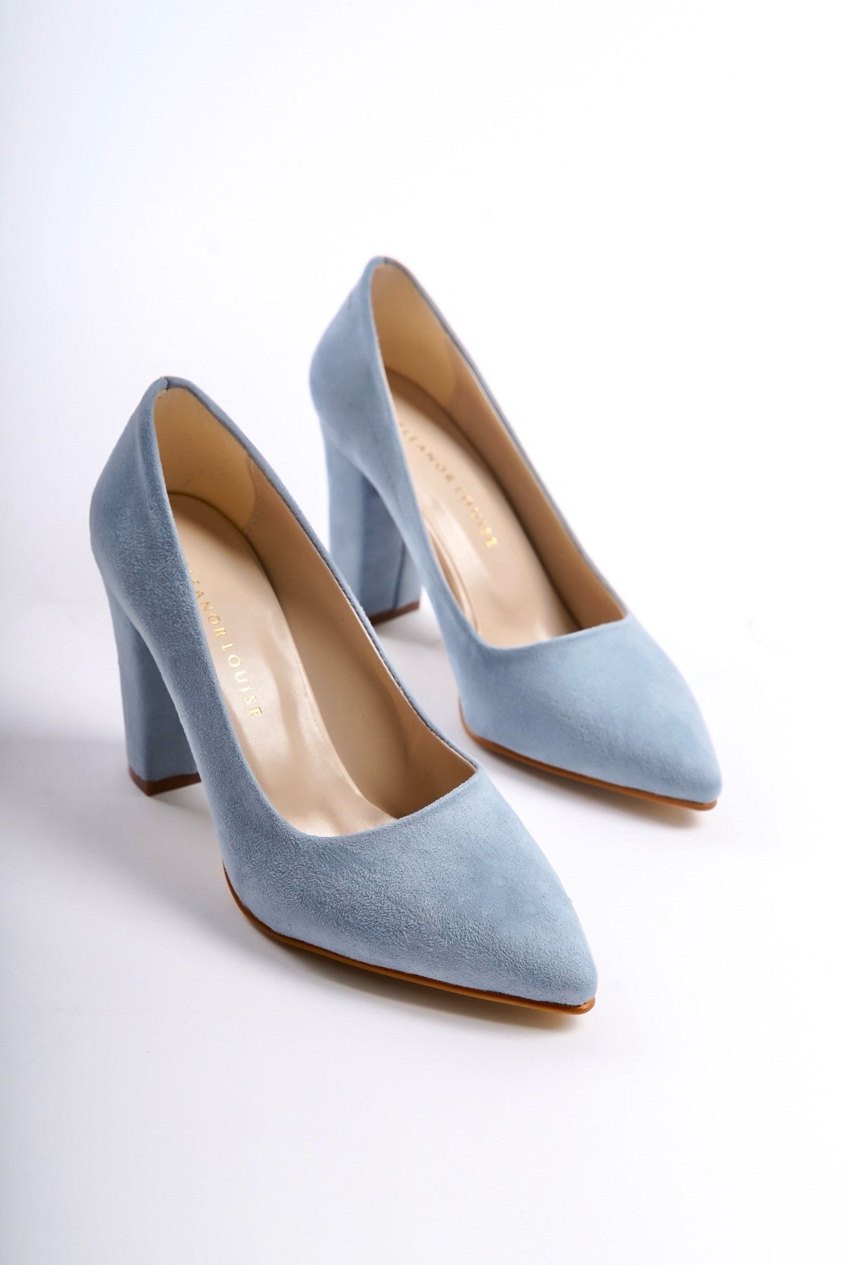 Evadne | Baby Blue Suede Block Heel Pumps